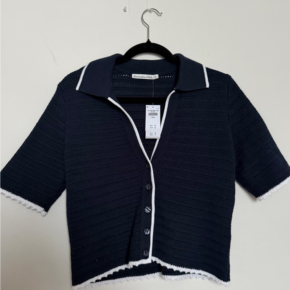 Brand new Navy Cropped Knit Polo Cardigan with White Trim